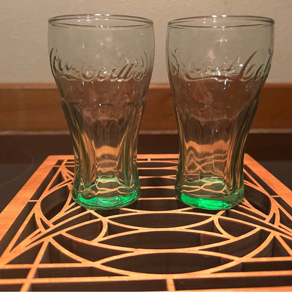 Coca Cola Vintage 4.5” tall Glasses Embossed Green Glass. 8 oz. Ideal for kids.